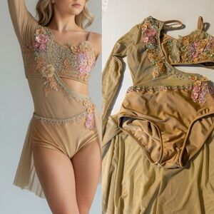 Glamour solo dance costume tan pastel rhinestone 2 piece XLC-Extra large child
